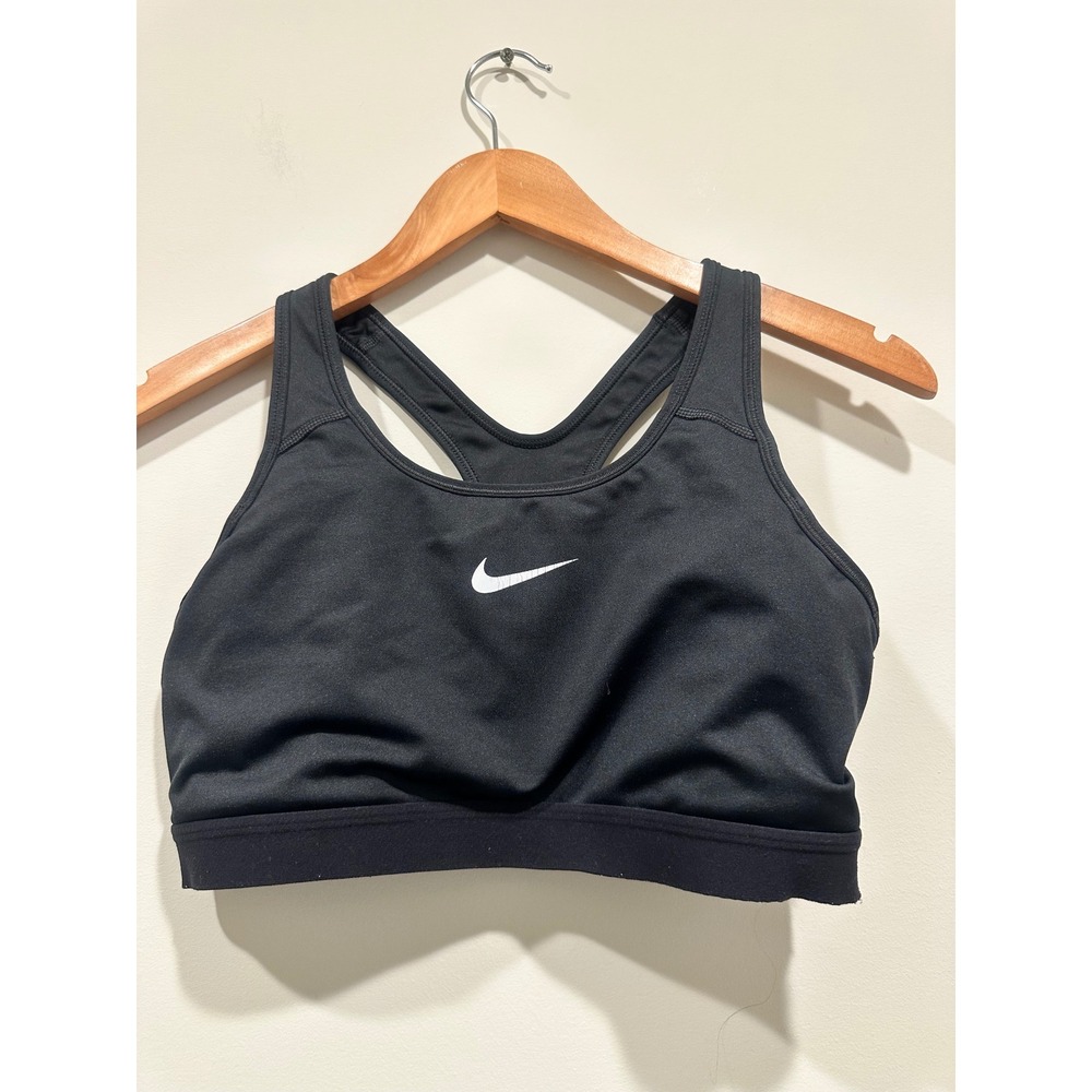 Nike Dri-FIT Women Racerback Sports Bra Black White Swoosh Large Gym Training